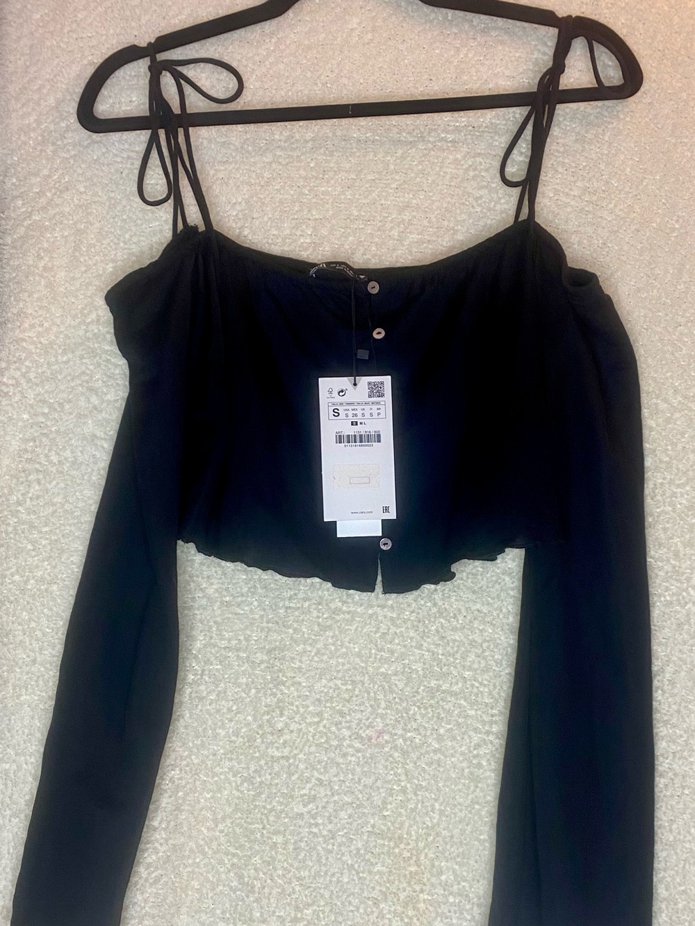 Zara Black Off-Shoulder Tie-Strap Button Crop Top